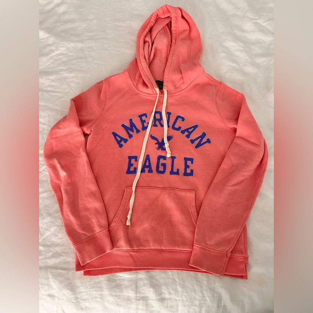 Classic/Vintage American Eagle Pink Coral Hoodie with Purple Logo